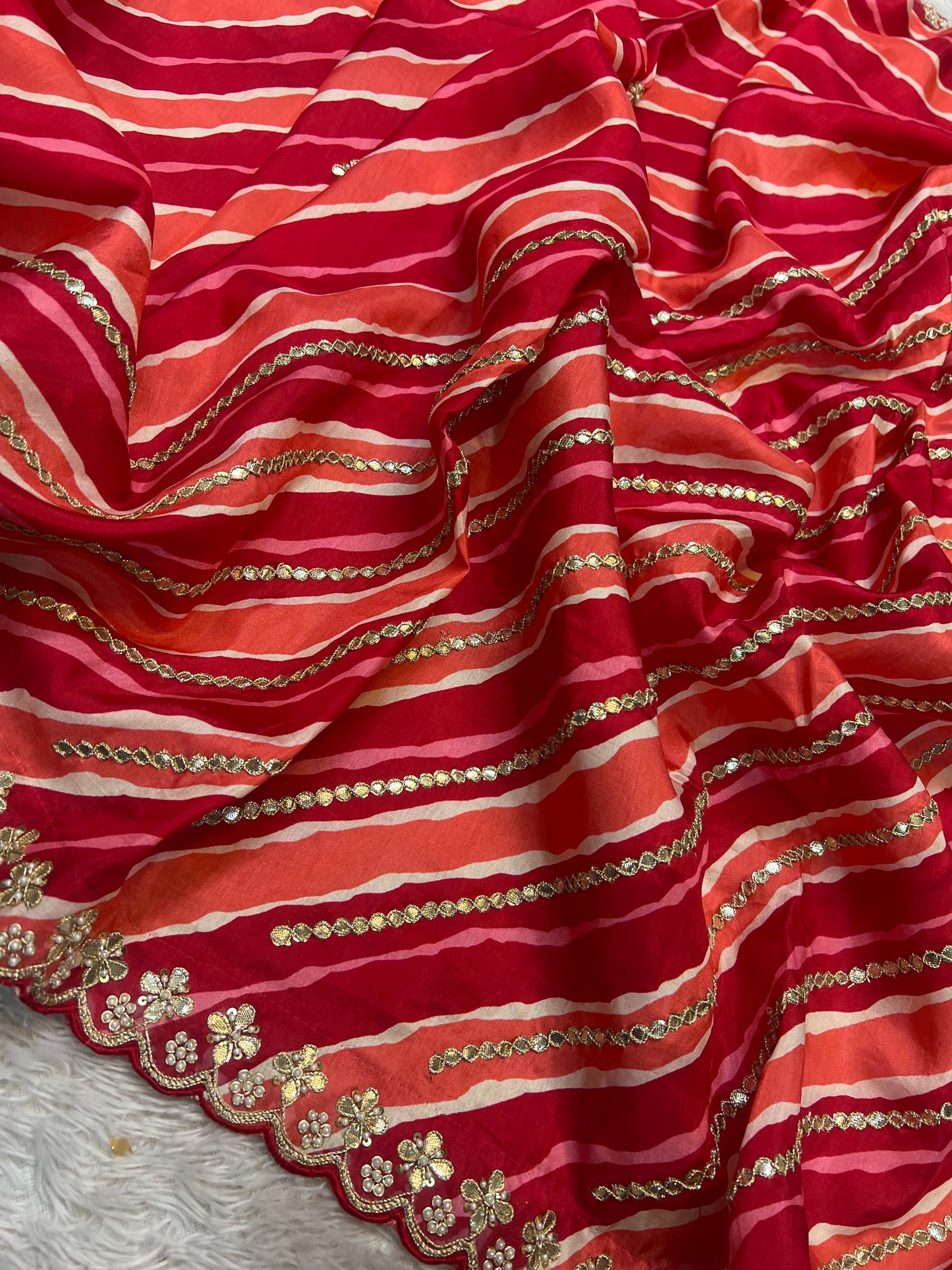 Red Orange Lehriya Saree