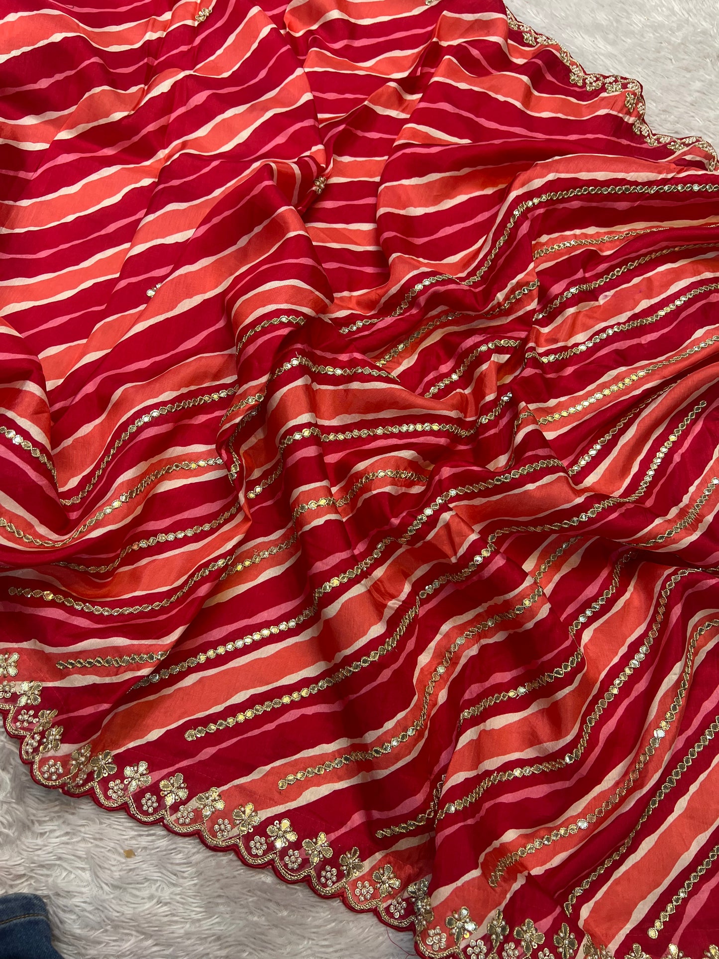 Red Orange Lehriya Saree